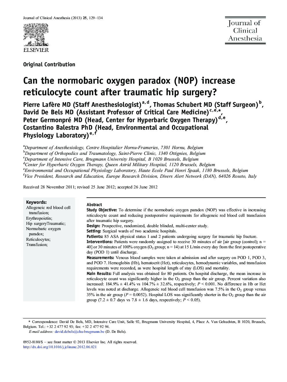 Can the normobaric oxygen paradox (NOP) increase reticulocyte count after traumatic hip surgery?