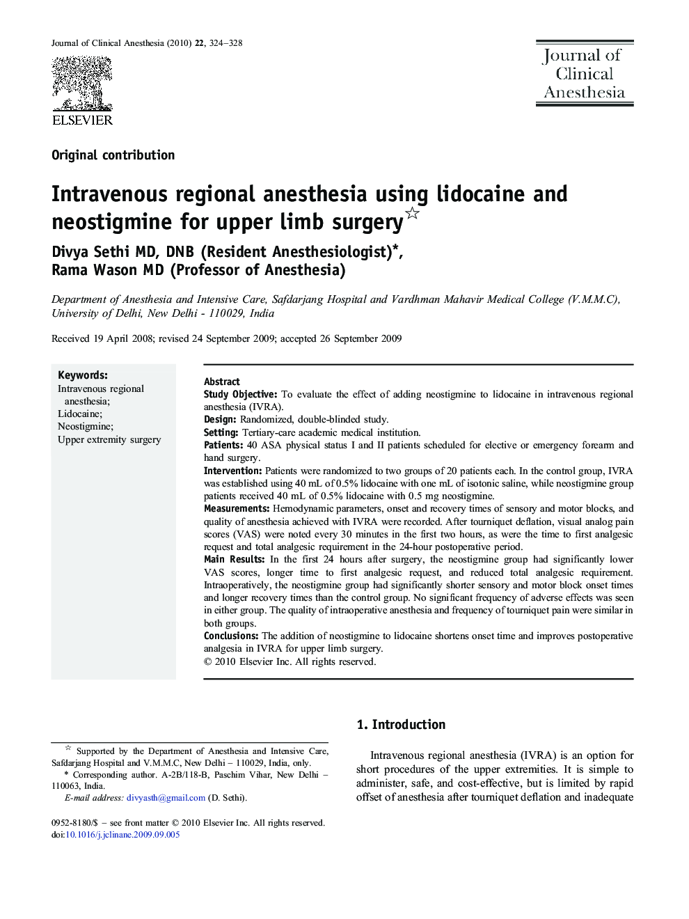 Intravenous regional anesthesia using lidocaine and neostigmine for upper limb surgery 