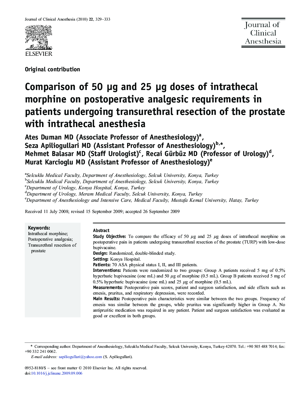 Comparison of 50 Î¼g and 25 Î¼g doses of intrathecal morphine on postoperative analgesic requirements in patients undergoing transurethral resection of the prostate with intrathecal anesthesia