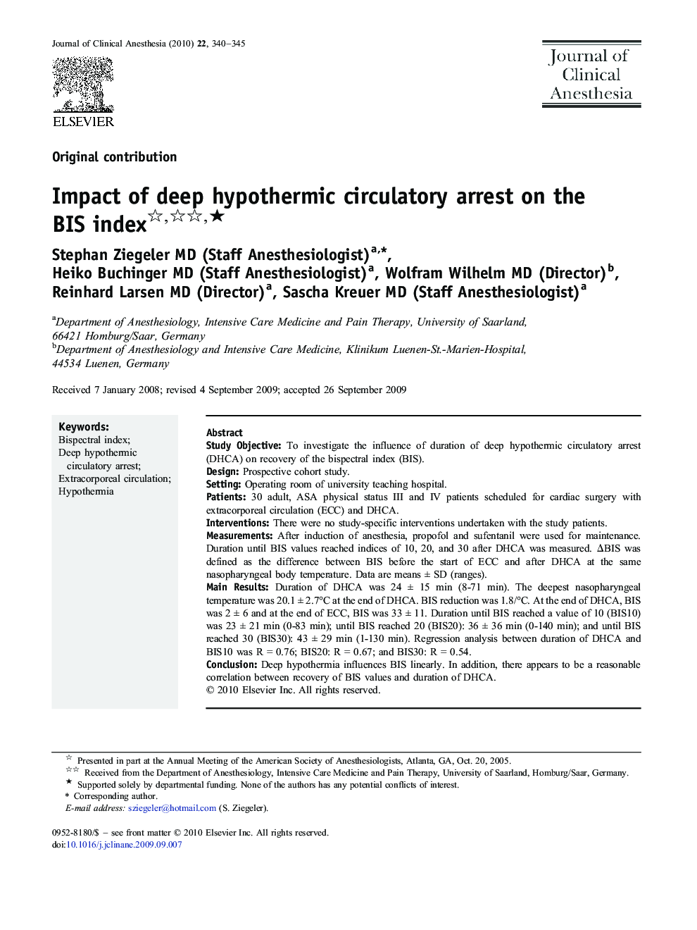 Impact of deep hypothermic circulatory arrest on the BIS index