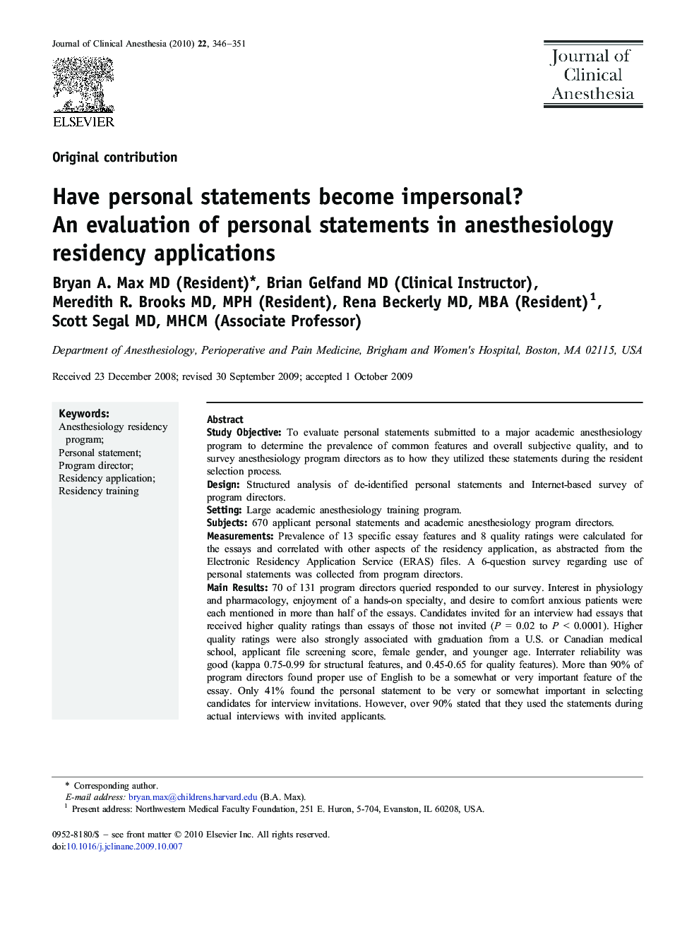 Have personal statements become impersonal? An evaluation of personal statements in anesthesiology residency applications