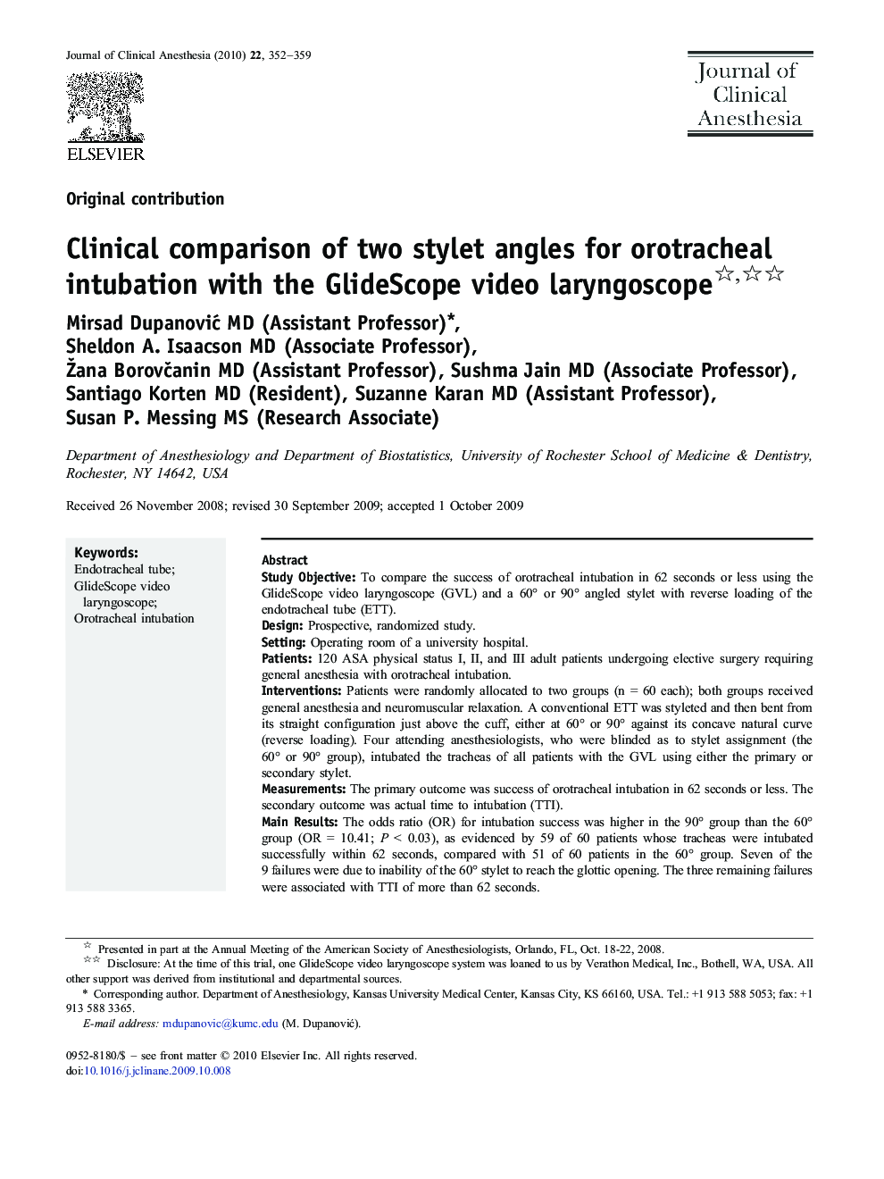 Clinical comparison of two stylet angles for orotracheal intubation with the GlideScope video laryngoscope 