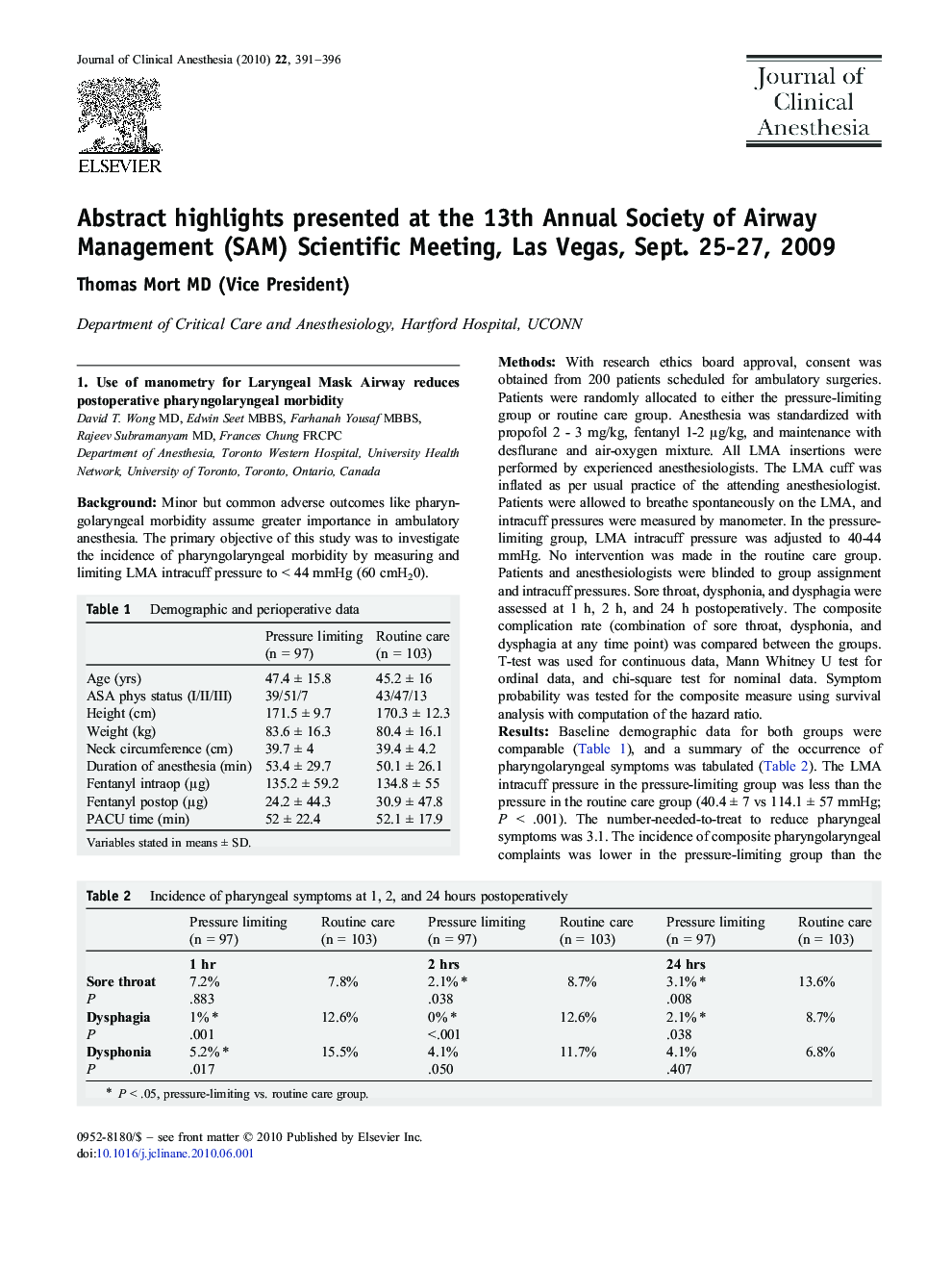 Abstract highlights presented at the 13th Annual Society of Airway Management (SAM) Scientific Meeting, Las Vegas, Sept. 25-27, 2009