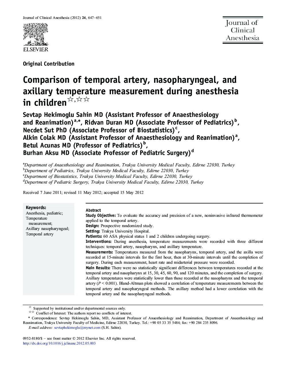 Comparison of temporal artery, nasopharyngeal, and axillary temperature measurement during anesthesia in children 
