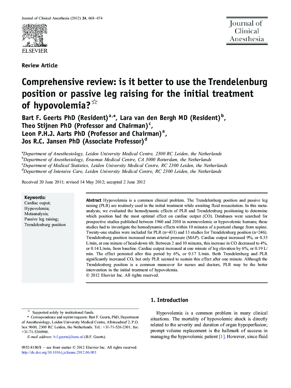 Comprehensive review: is it better to use the Trendelenburg position or passive leg raising for the initial treatment of hypovolemia? 