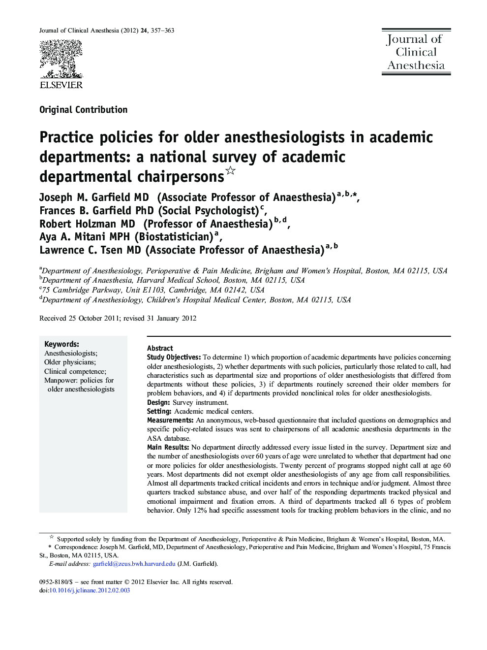 Practice policies for older anesthesiologists in academic departments: a national survey of academic departmental chairpersons 