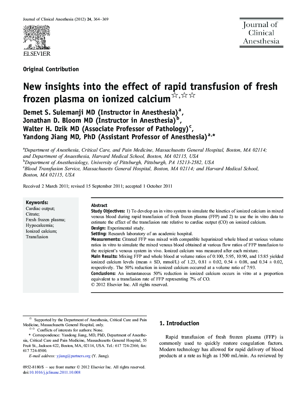 New insights into the effect of rapid transfusion of fresh frozen plasma on ionized calcium 