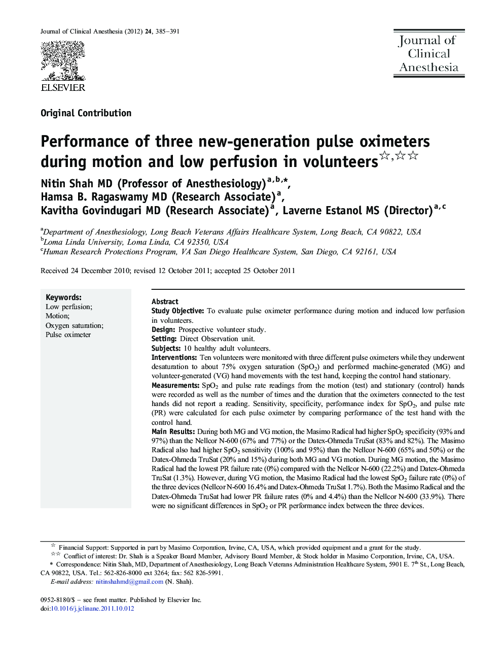 Performance of three new-generation pulse oximeters during motion and low perfusion in volunteers 