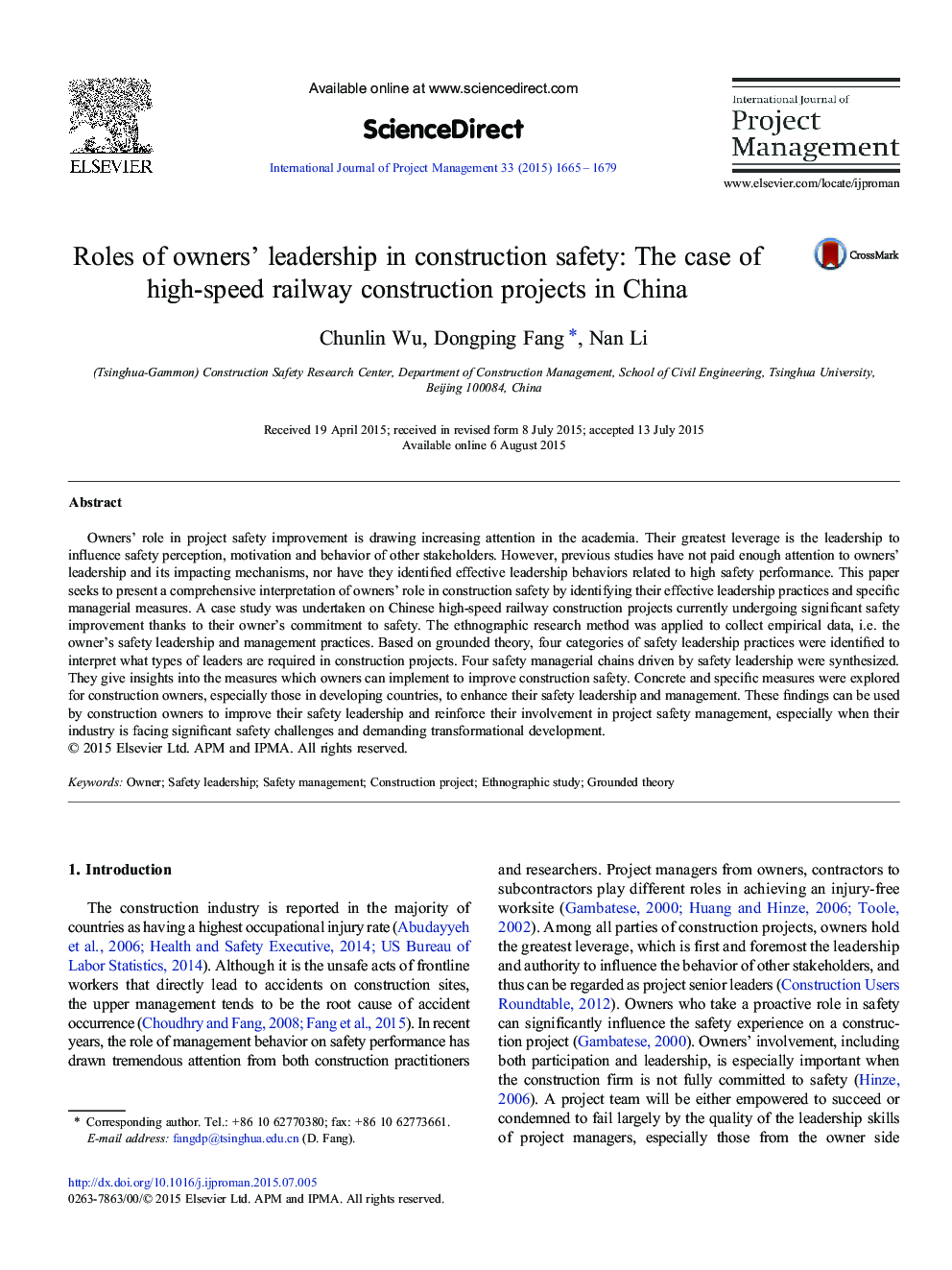 Roles of owners' leadership in construction safety: The case of high-speed railway construction projects in China
