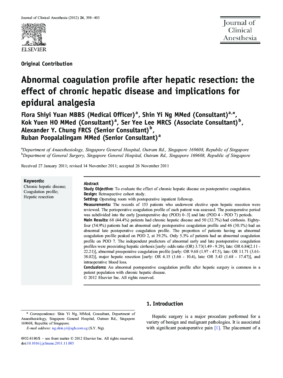 Abnormal coagulation profile after hepatic resection: the effect of chronic hepatic disease and implications for epidural analgesia