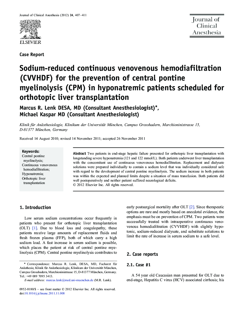 Sodium-reduced continuous venovenous hemodiafiltration (CVVHDF) for the prevention of central pontine myelinolysis (CPM) in hyponatremic patients scheduled for orthotopic liver transplantation