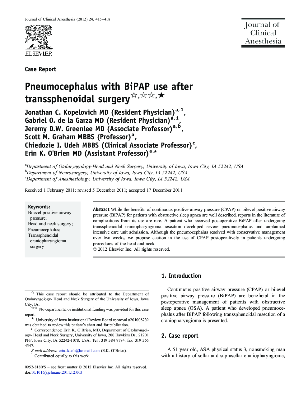 Pneumocephalus with BiPAP use after transsphenoidal surgery ★