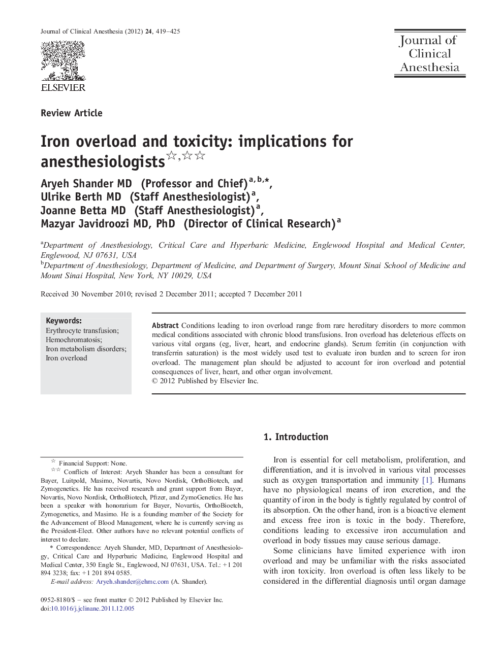 Iron overload and toxicity: implications for anesthesiologists 