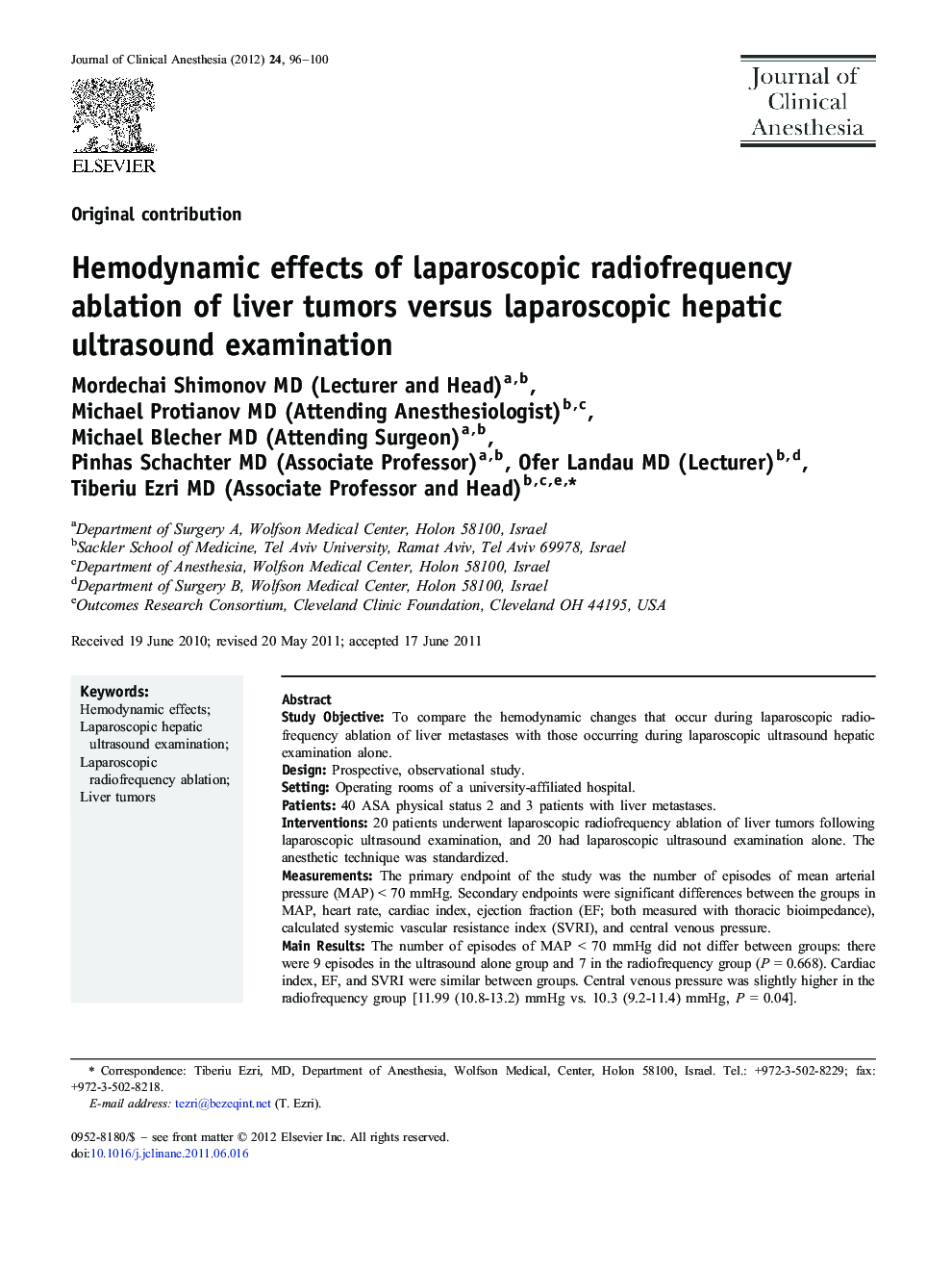 Hemodynamic effects of laparoscopic radiofrequency ablation of liver tumors versus laparoscopic hepatic ultrasound examination