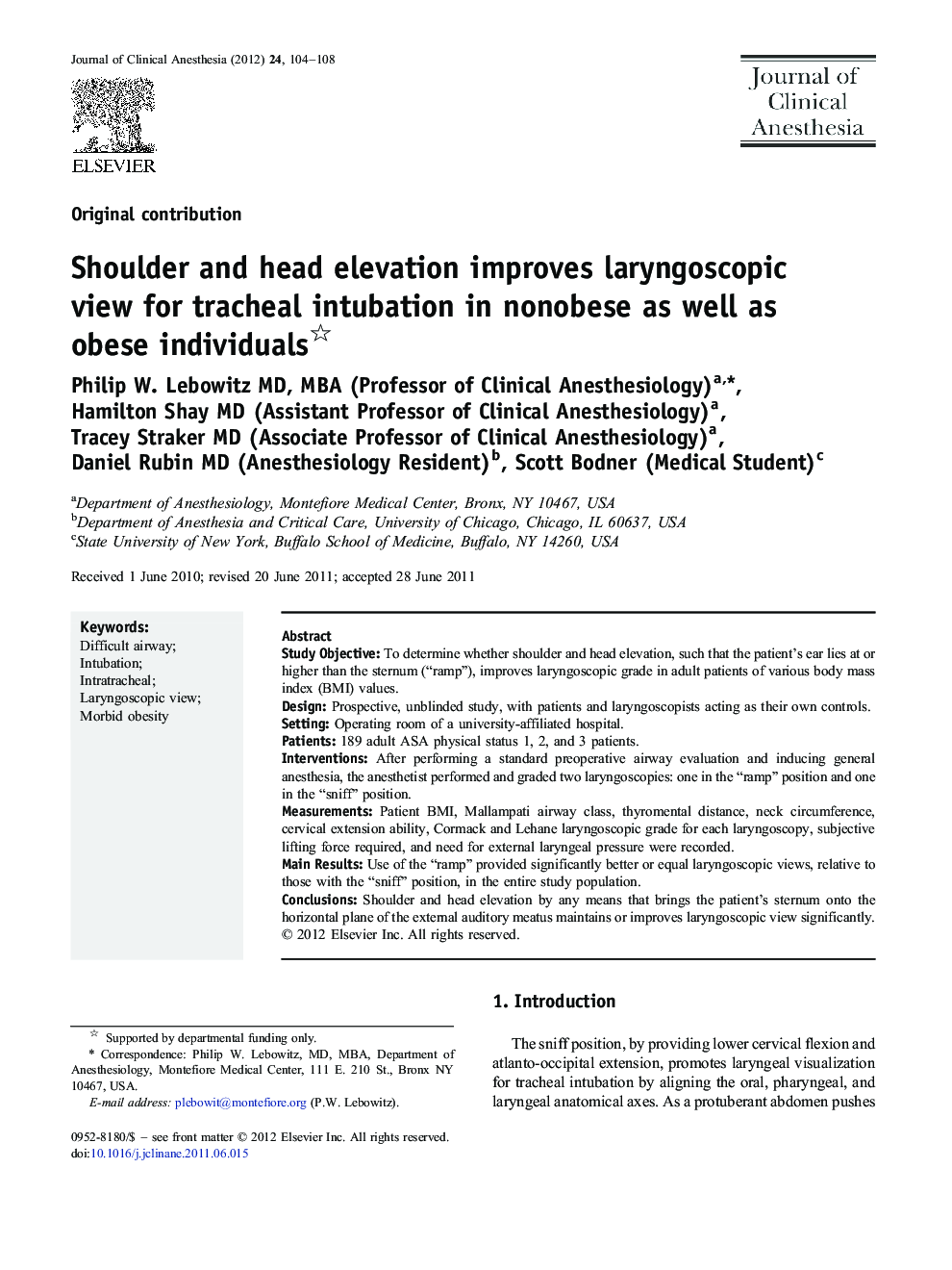 Shoulder and head elevation improves laryngoscopic view for tracheal intubation in nonobese as well as obese individuals 