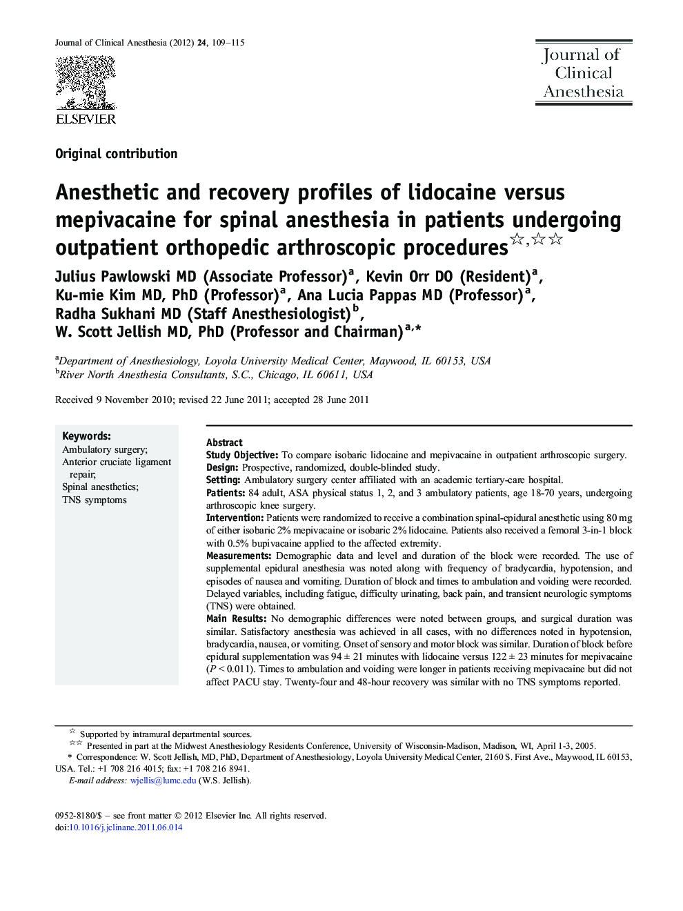 Anesthetic and recovery profiles of lidocaine versus mepivacaine for spinal anesthesia in patients undergoing outpatient orthopedic arthroscopic procedures 
