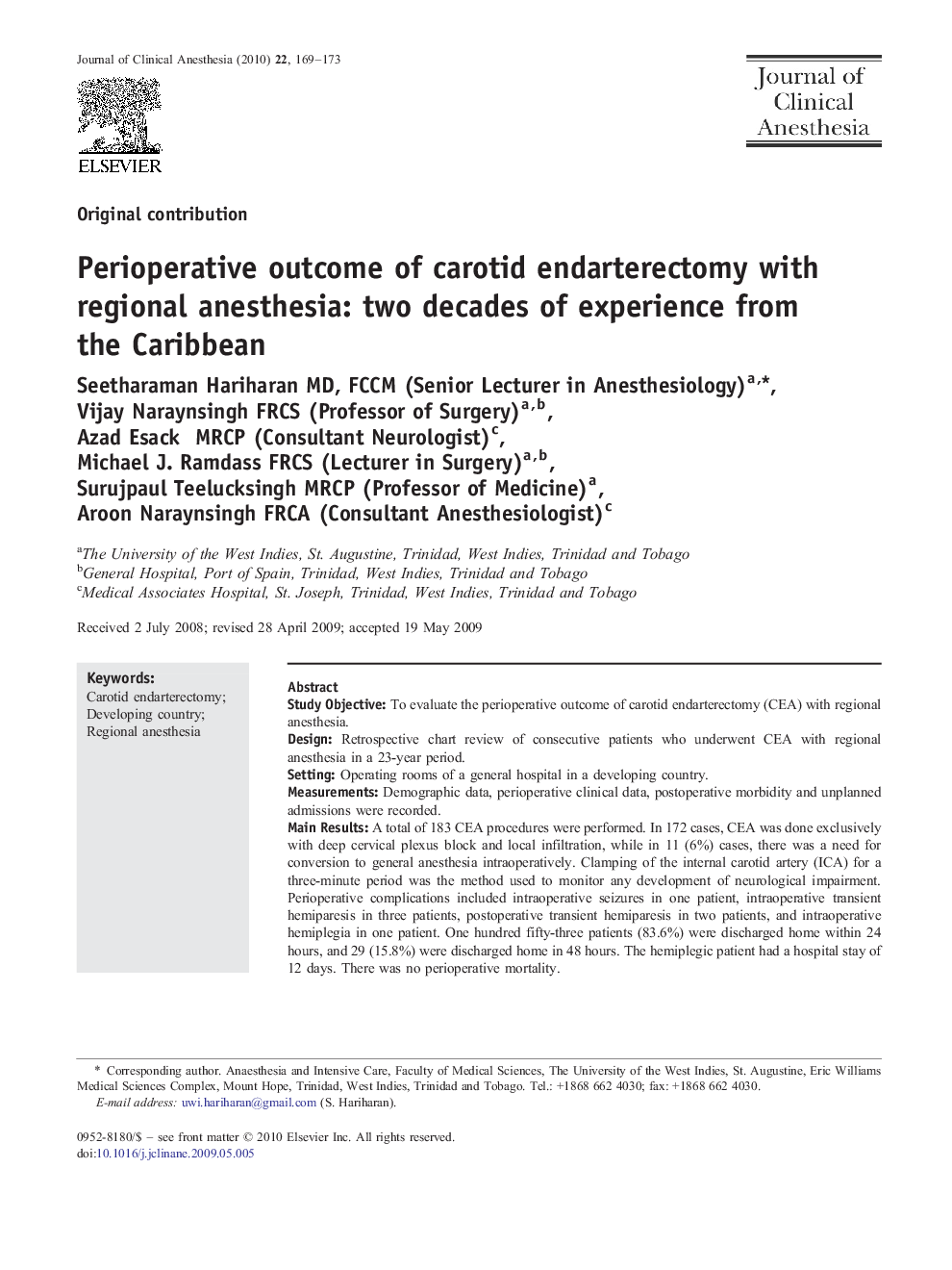 Perioperative outcome of carotid endarterectomy with regional anesthesia: two decades of experience from the Caribbean