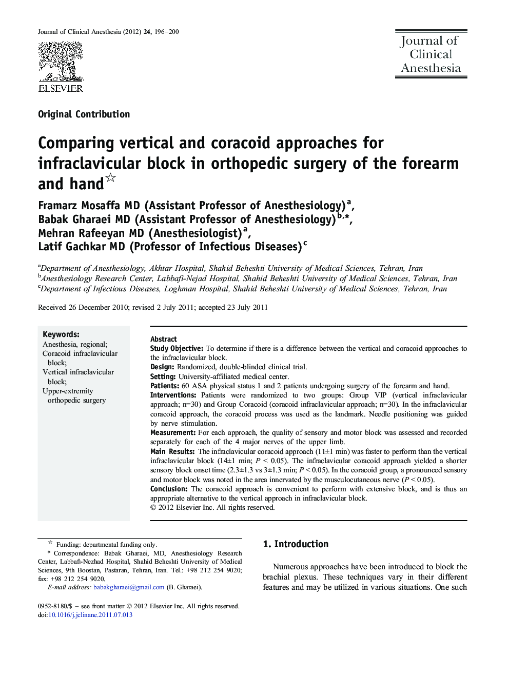 Comparing vertical and coracoid approaches for infraclavicular block in orthopedic surgery of the forearm and hand 