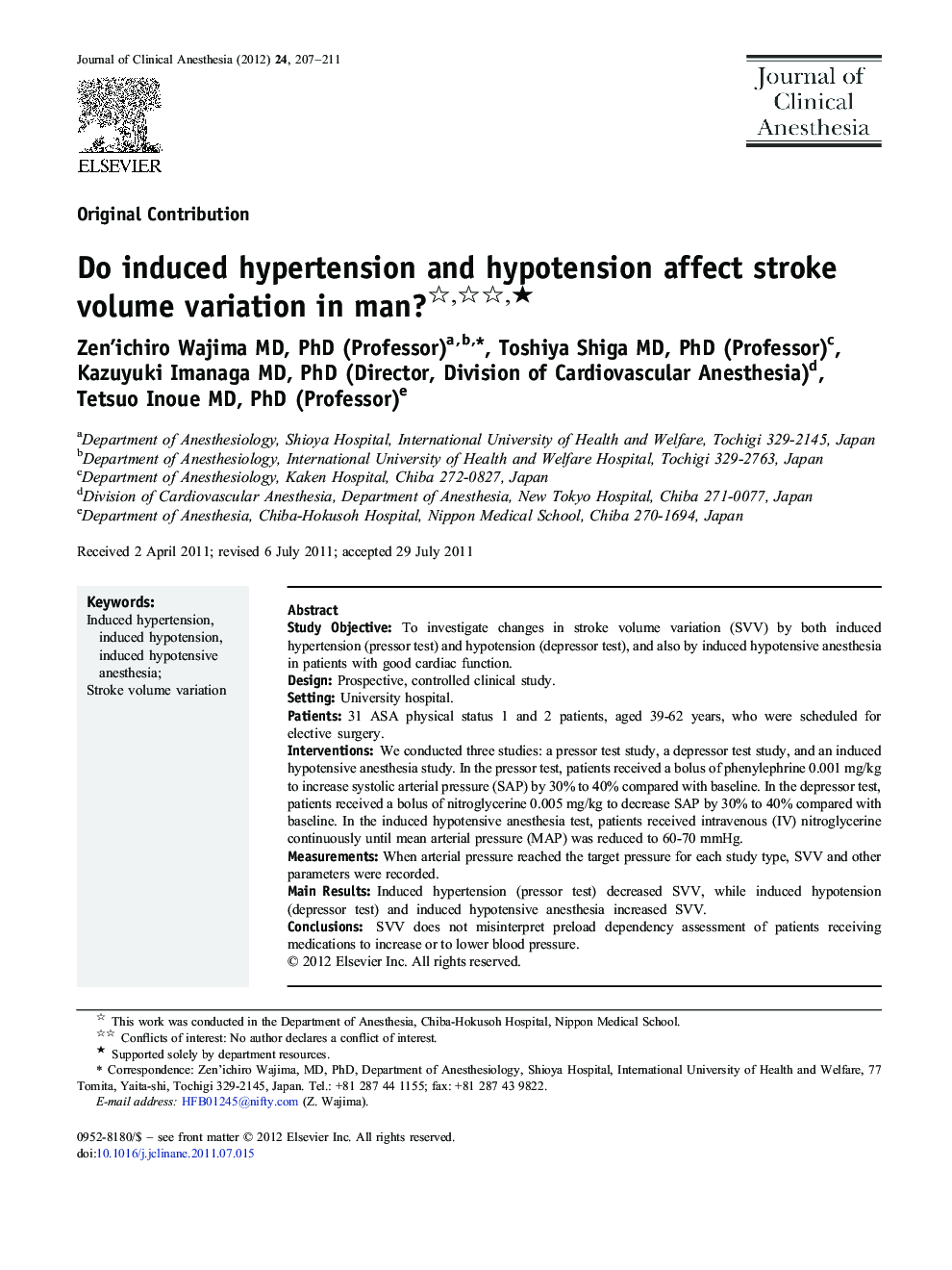 Do induced hypertension and hypotension affect stroke volume variation in man? ★