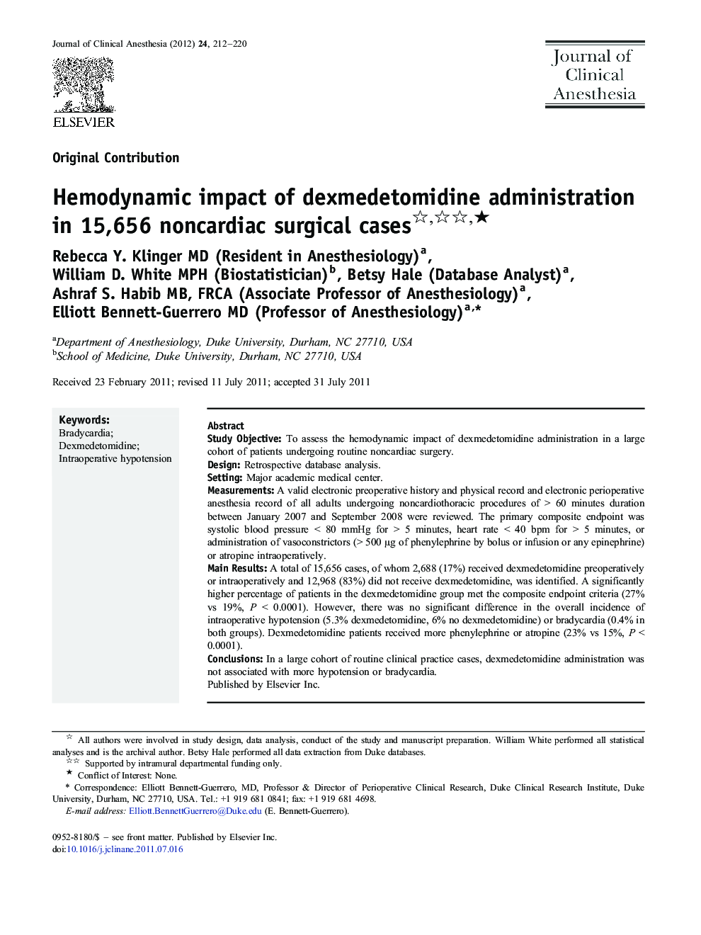 Hemodynamic impact of dexmedetomidine administration in 15,656 noncardiac surgical cases ★