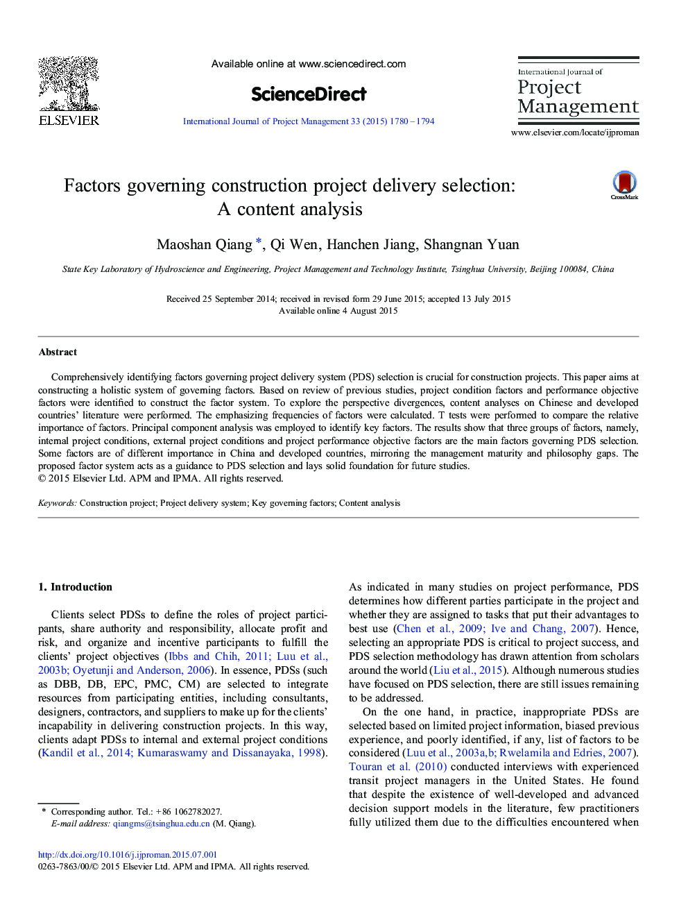 Factors governing construction project delivery selection: A content analysis