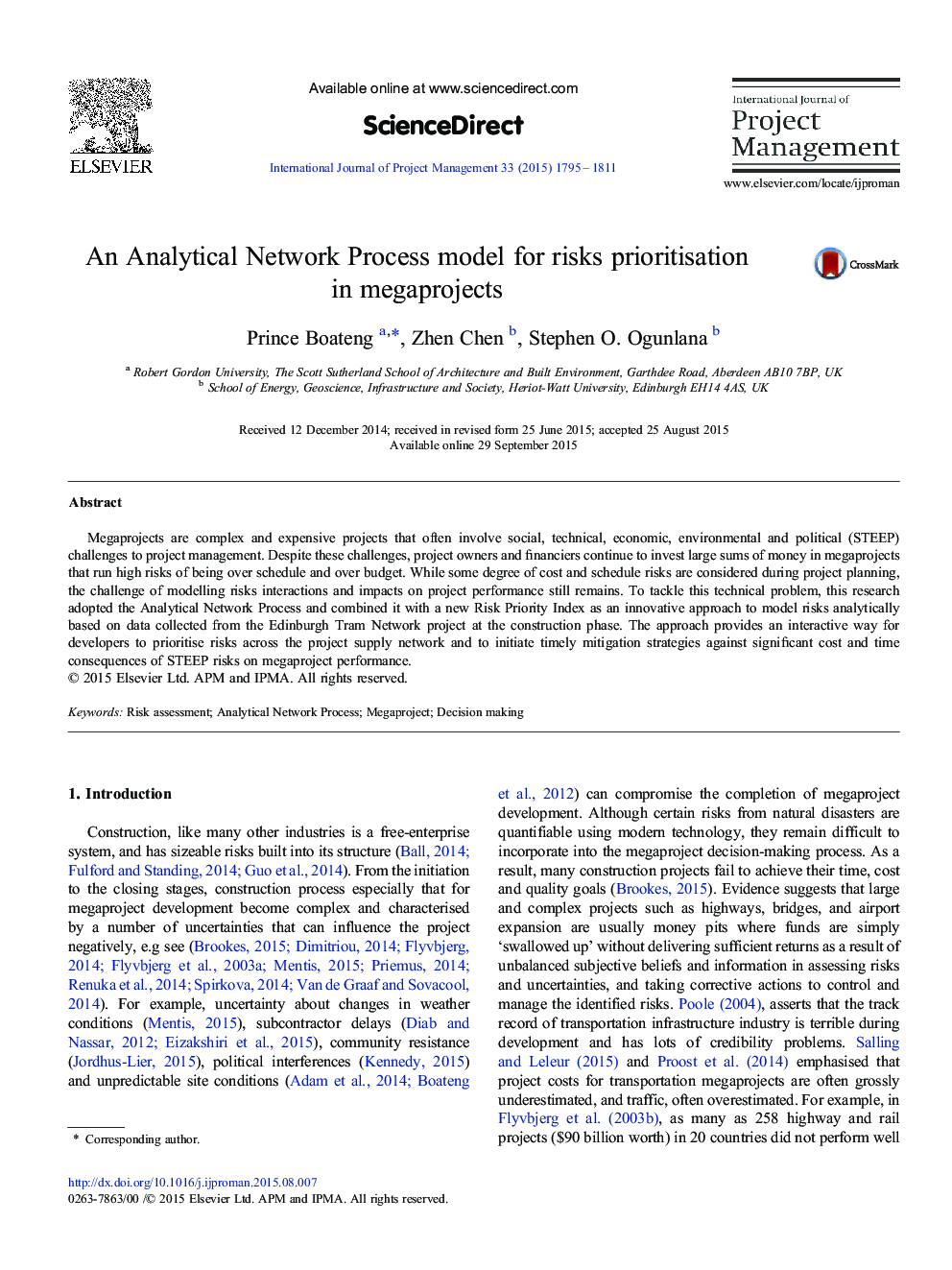 An Analytical Network Process model for risks prioritisation in megaprojects