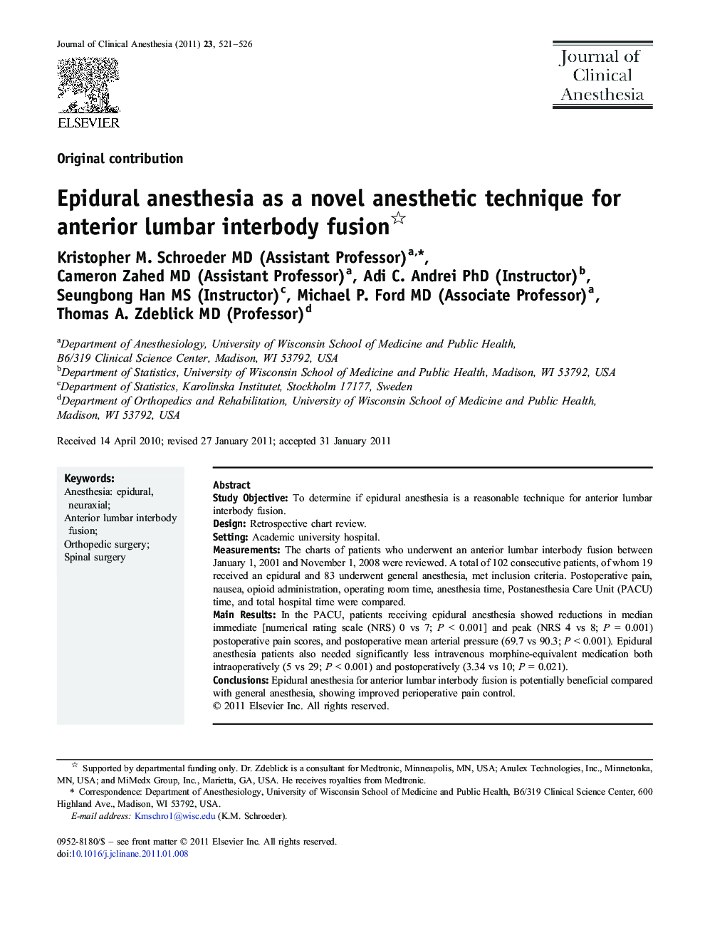 Epidural anesthesia as a novel anesthetic technique for anterior lumbar interbody fusion 