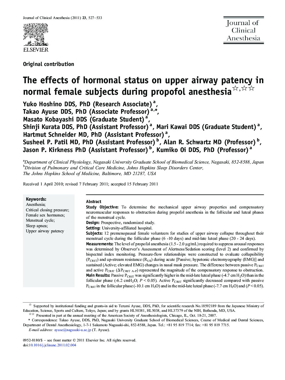 The effects of hormonal status on upper airway patency in normal female subjects during propofol anesthesia 