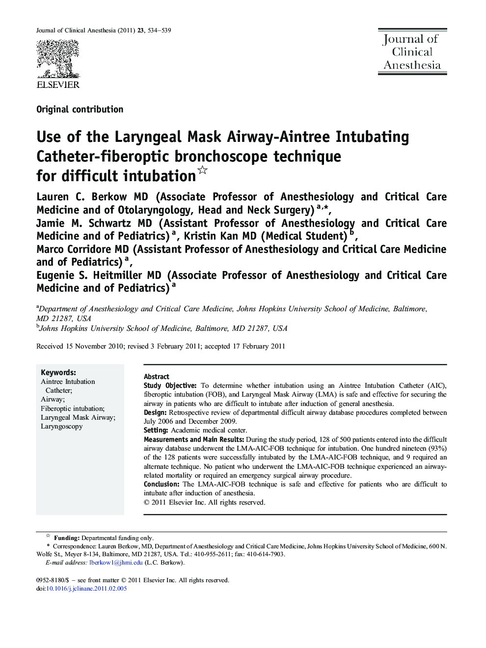 Use of the Laryngeal Mask Airway-Aintree Intubating Catheter-fiberoptic bronchoscope technique for difficult intubation 
