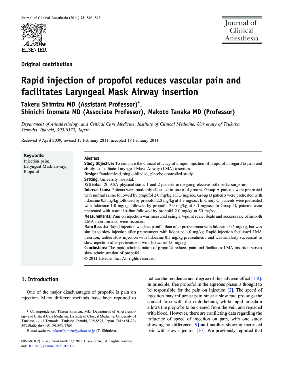 Rapid injection of propofol reduces vascular pain and facilitates Laryngeal Mask Airway insertion