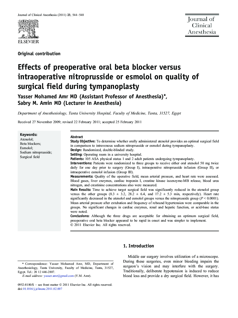 Effects of preoperative oral beta blocker versus intraoperative nitroprusside or esmolol on quality of surgical field during tympanoplasty