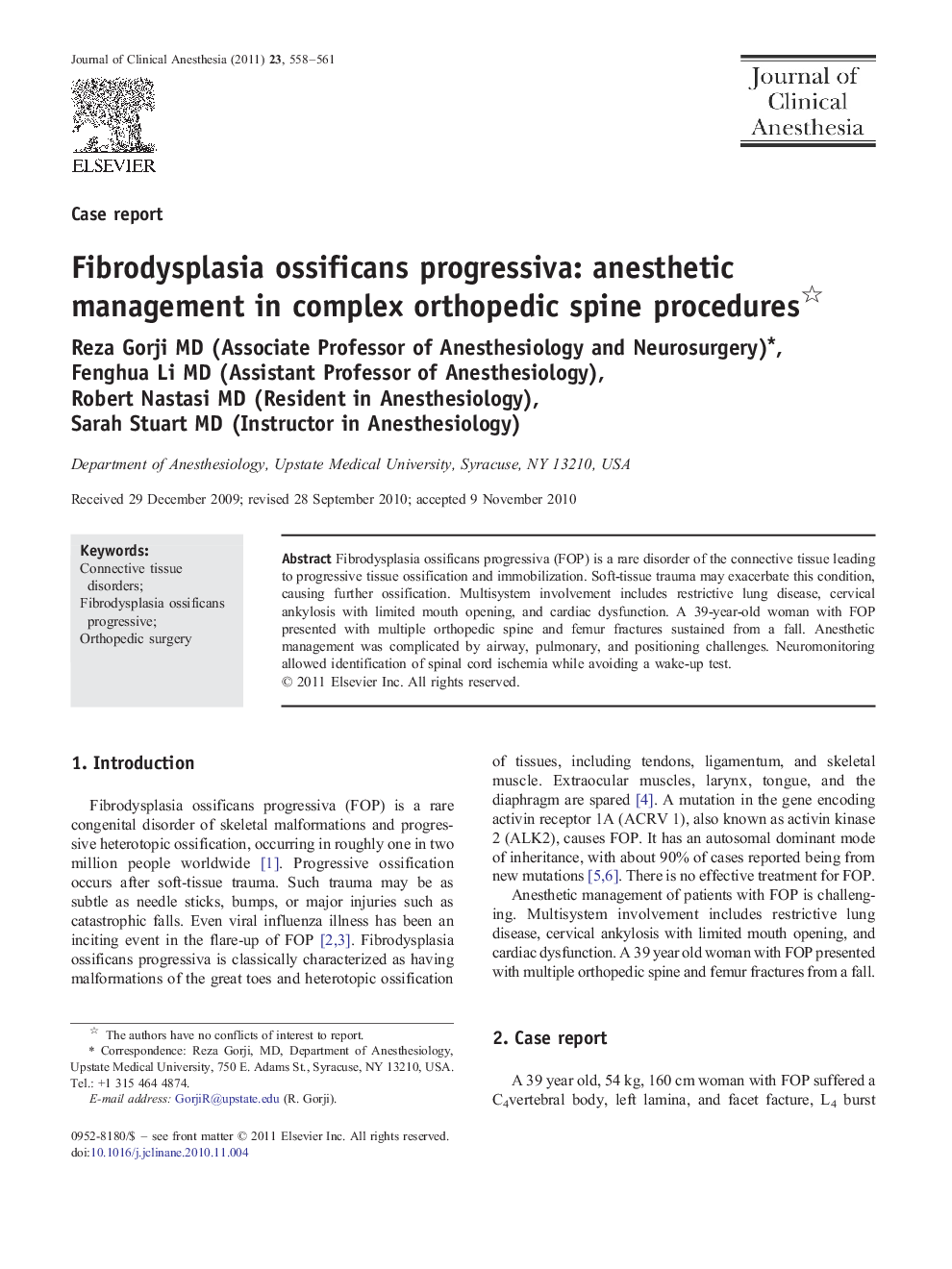 Fibrodysplasia ossificans progressiva: anesthetic management in complex orthopedic spine procedures