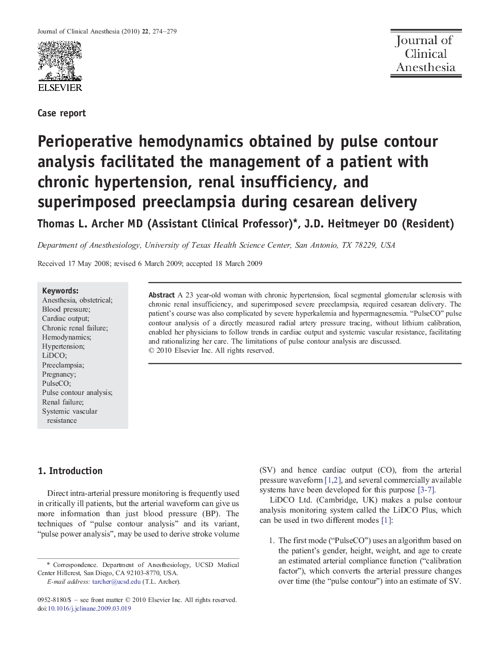 Perioperative hemodynamics obtained by pulse contour analysis facilitated the management of a patient with chronic hypertension, renal insufficiency, and superimposed preeclampsia during cesarean delivery