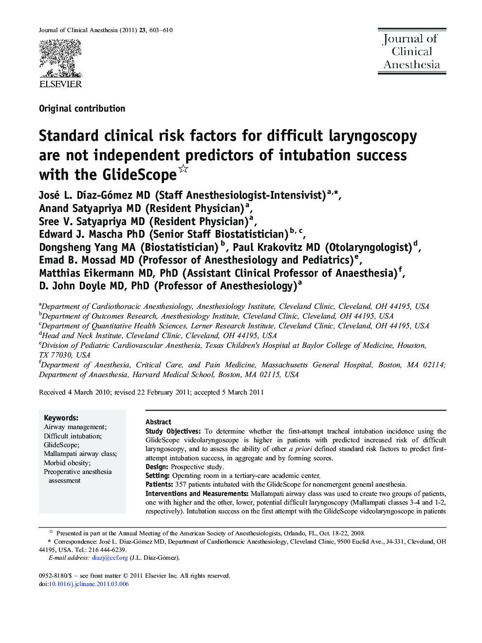 Standard clinical risk factors for difficult laryngoscopy are not independent predictors of intubation success with the GlideScope 