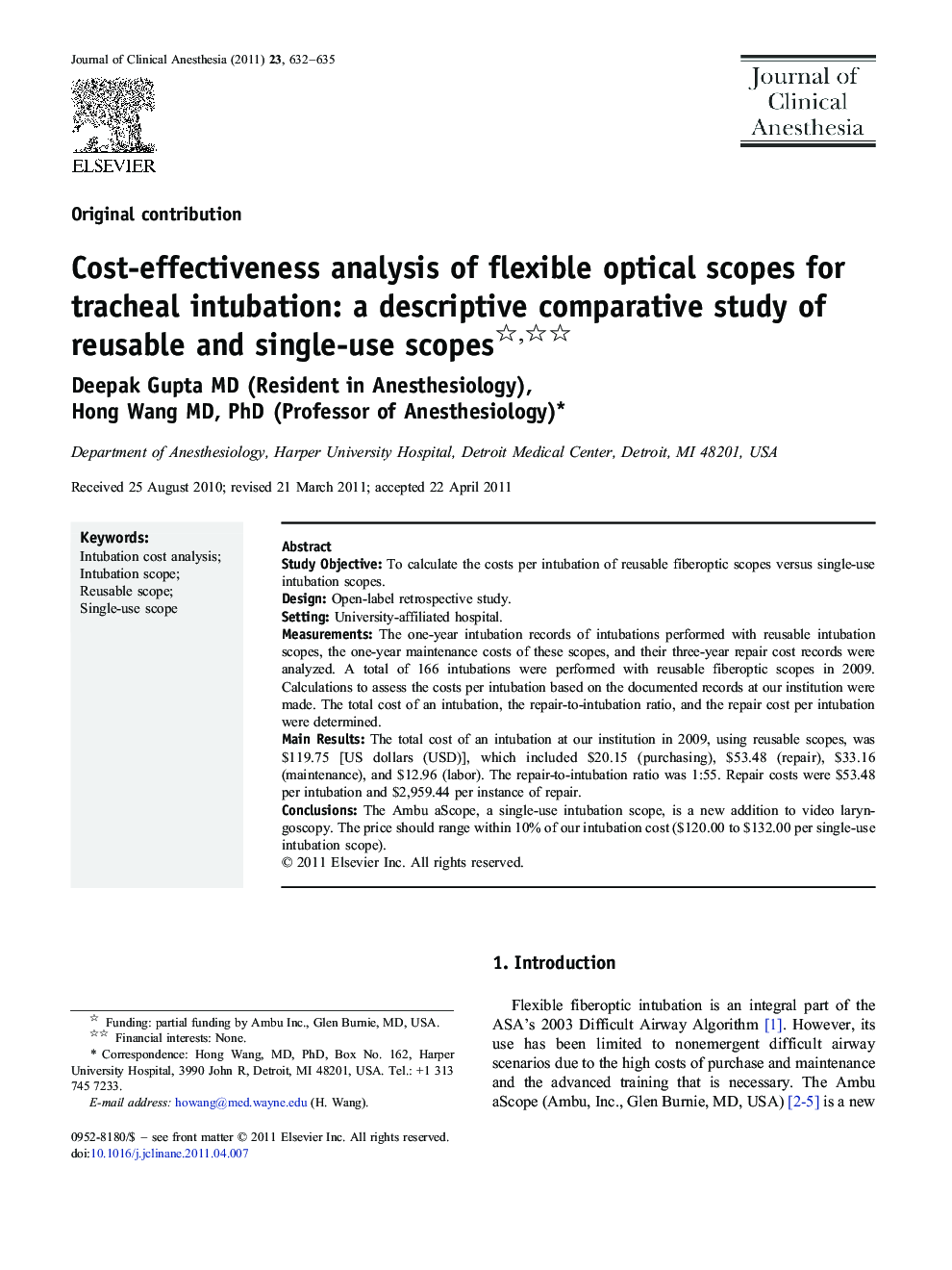 Cost-effectiveness analysis of flexible optical scopes for tracheal intubation: a descriptive comparative study of reusable and single-use scopes 