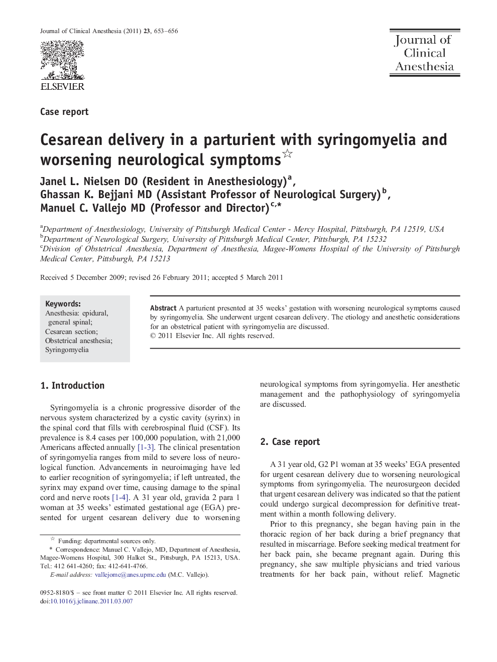 Cesarean delivery in a parturient with syringomyelia and worsening neurological symptoms