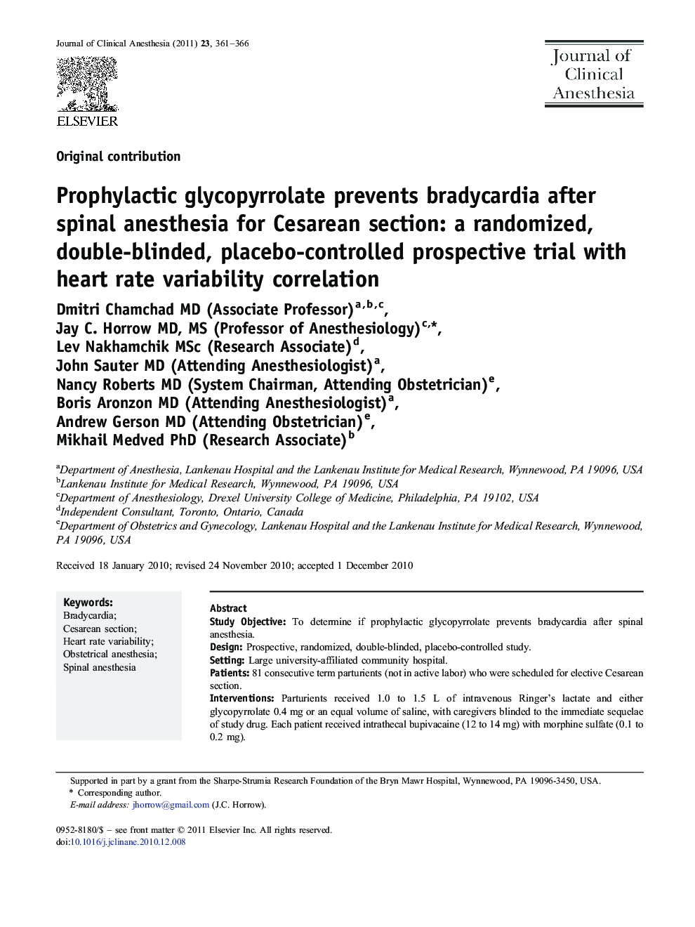 Prophylactic glycopyrrolate prevents bradycardia after spinal anesthesia for Cesarean section: a randomized, double-blinded, placebo-controlled prospective trial with heart rate variability correlation 