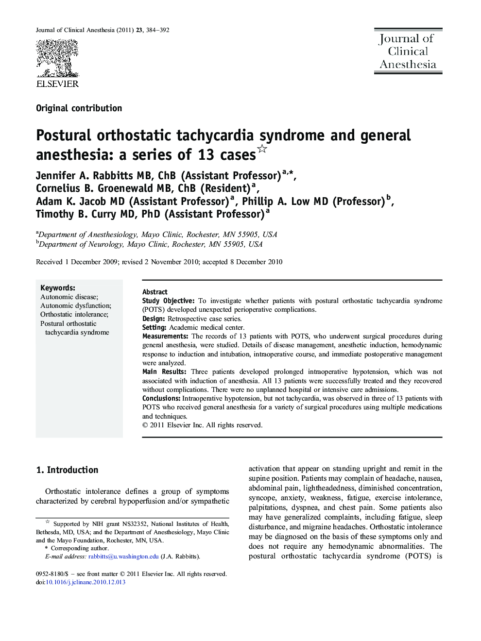 Postural orthostatic tachycardia syndrome and general anesthesia: a series of 13 cases 
