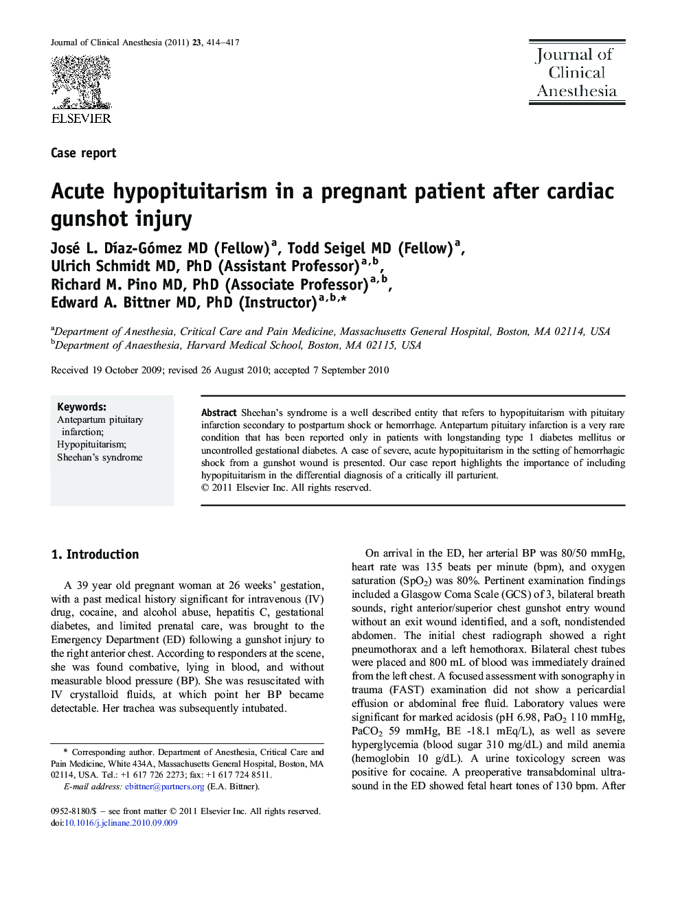 Acute hypopituitarism in a pregnant patient after cardiac gunshot injury