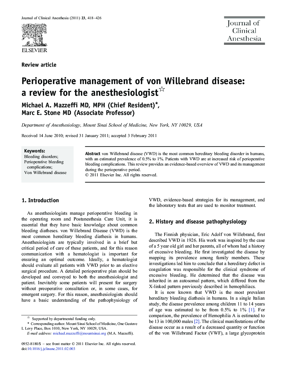 Perioperative management of von Willebrand disease: a review for the anesthesiologist 