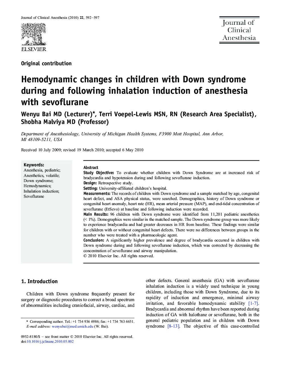 Hemodynamic changes in children with Down syndrome during and following inhalation induction of anesthesia with sevoflurane