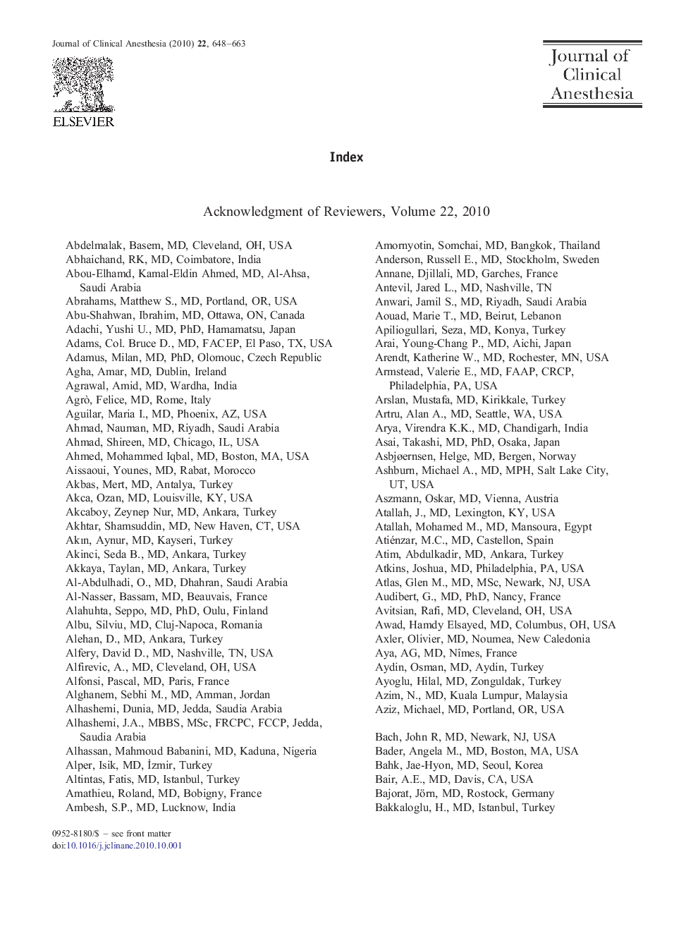 Acknowledgment of Reviewers, Volume 22, 2010