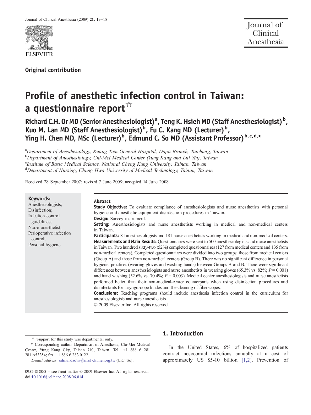 Profile of anesthetic infection control in Taiwan: a questionnaire report 