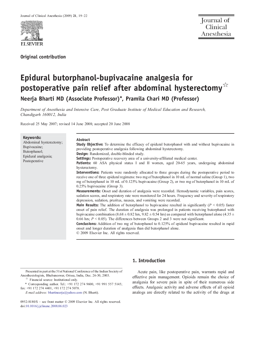 Epidural butorphanol-bupivacaine analgesia for postoperative pain relief after abdominal hysterectomy 