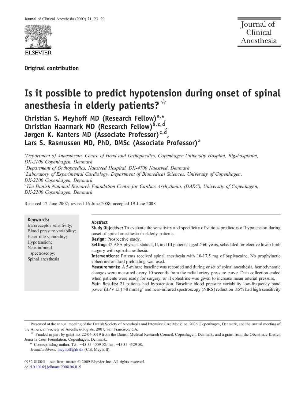 Is it possible to predict hypotension during onset of spinal anesthesia in elderly patients? 