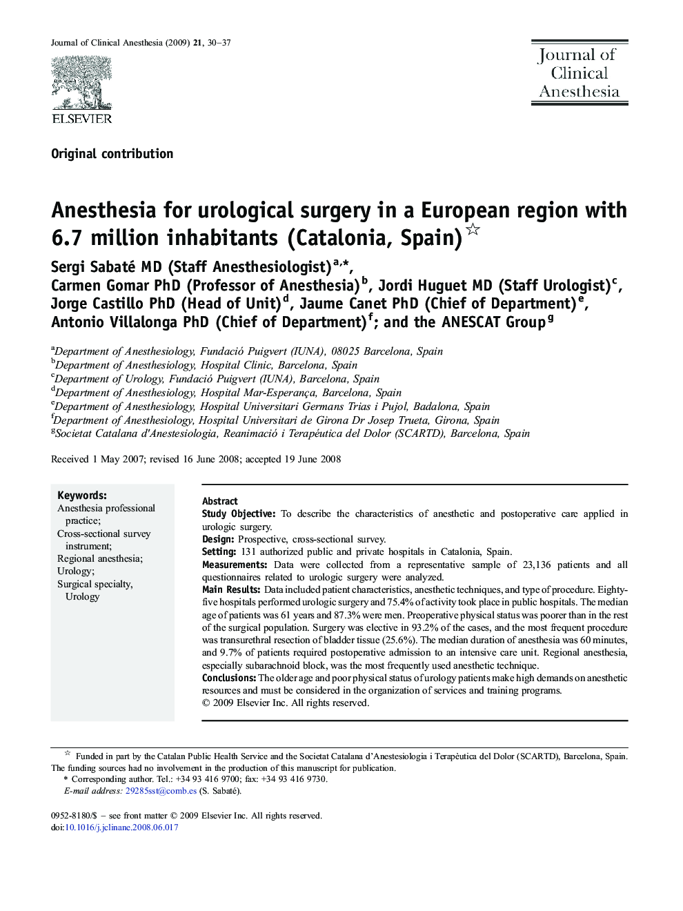 Anesthesia for urological surgery in a European region with 6.7 million inhabitants (Catalonia, Spain) 