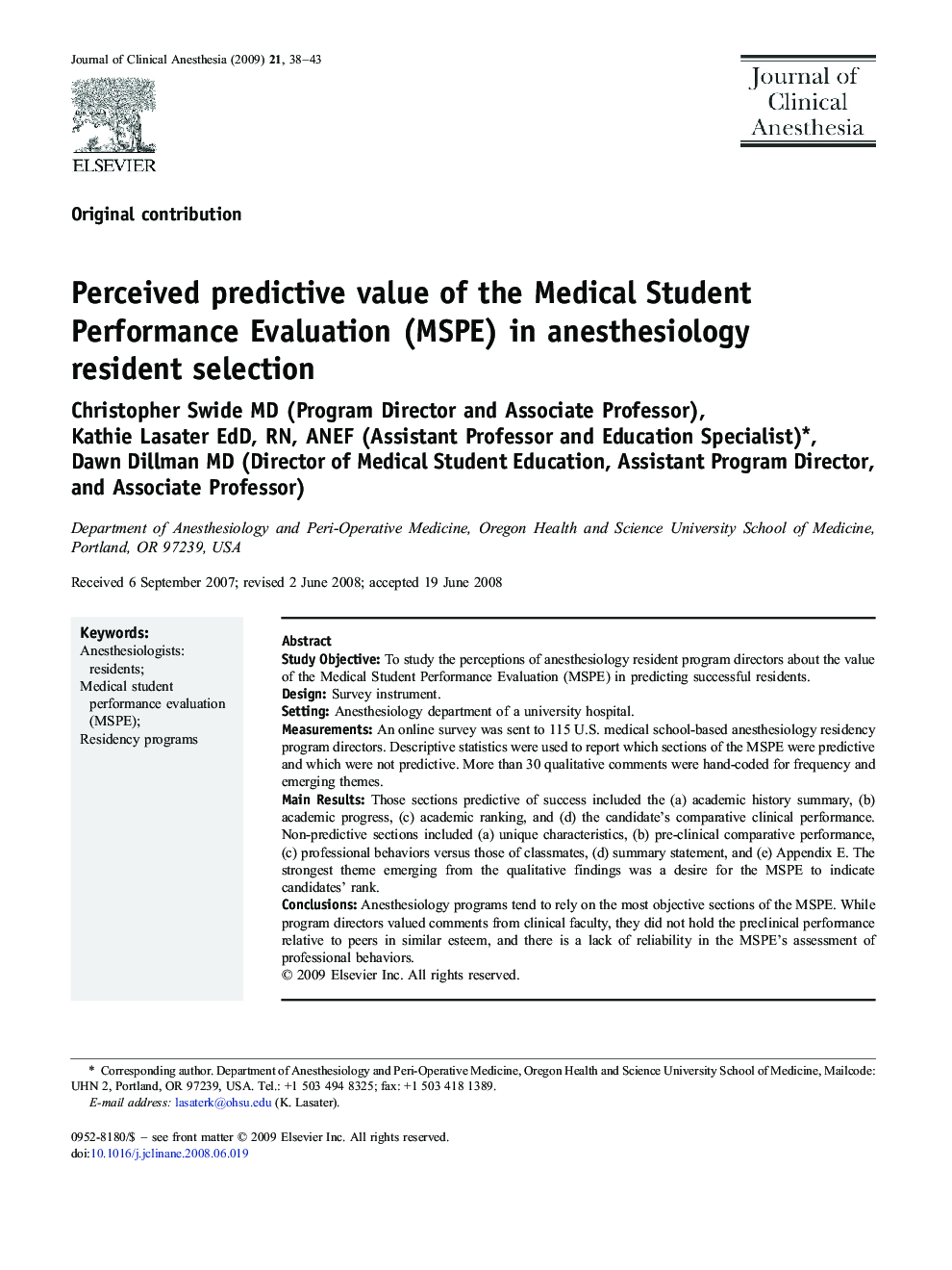Perceived predictive value of the Medical Student Performance Evaluation (MSPE) in anesthesiology resident selection