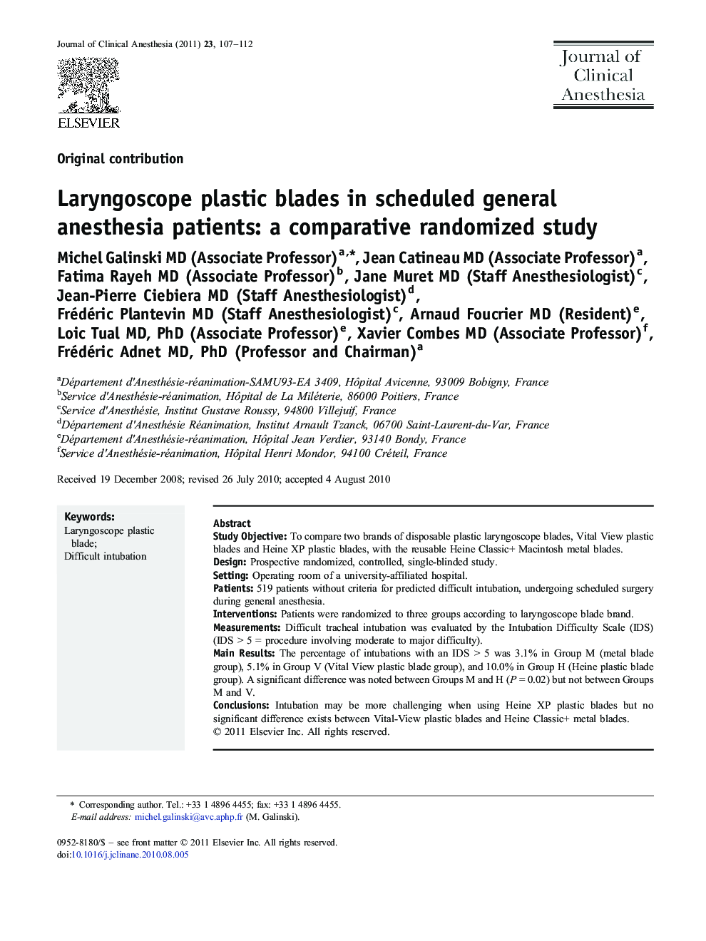 Laryngoscope plastic blades in scheduled general anesthesia patients: a comparative randomized study