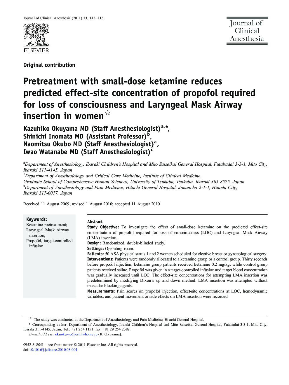 Pretreatment with small-dose ketamine reduces predicted effect-site concentration of propofol required for loss of consciousness and Laryngeal Mask Airway insertion in women 