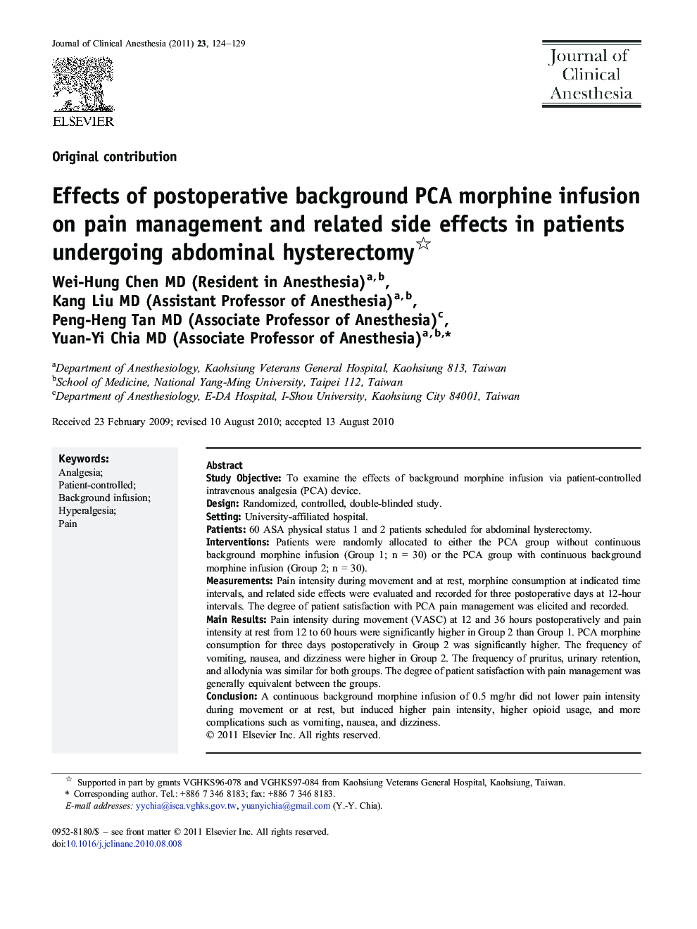 Effects of postoperative background PCA morphine infusion on pain management and related side effects in patients undergoing abdominal hysterectomy 